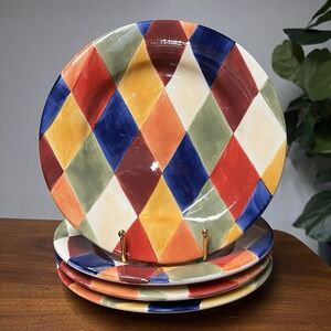 (4) Artimino Ciao Harlequin Salad Plates 9" Earthenware Hand Painted Diamond